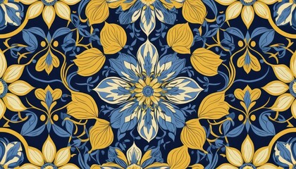 Fototapeta premium Seamless floral vector pattern design showcases a vintage yellow flower illustration with a spring nature texture