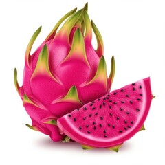 Pink Dragon Fruit with Slice on White Background