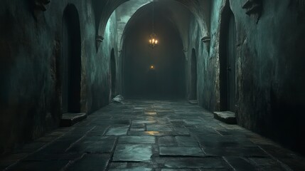Obraz premium Mysterious Medieval Corridor with Arched Doorways and Dim Lighting Ideal for Fantasy Adventur