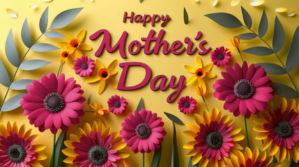 Happy Mother's Day elegant card design with 3D flowers and circular frame on yellow background. Festive floral concept for greeting and celebration. Concept greeting cards, celebrating wedding