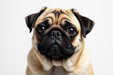Solo pug, against pure white backdrop Close-up view , closeup, mammal