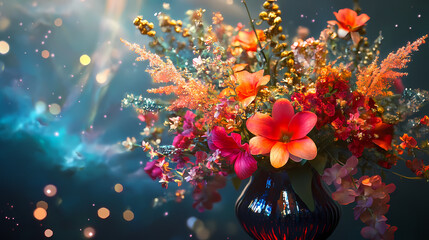 Ai generated galaxy themed flower arrangement with metallic color combination and glowing effect. Comet Bloom. Illustration