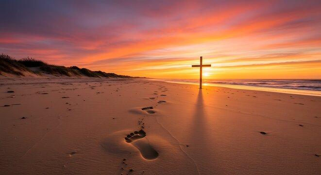 Cross on beach at sunset christian faith religion spiritual hope jesus christ footprints sand ocean sky