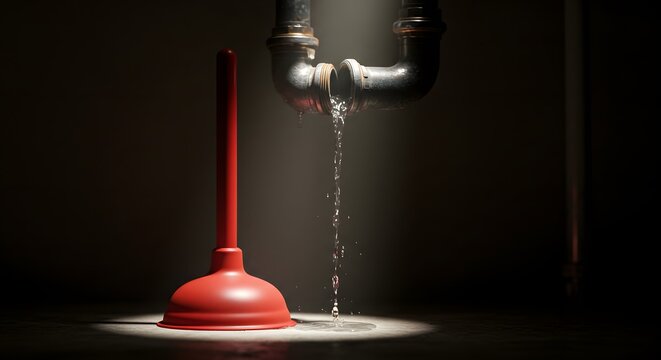 Leaky pipe plumbing emergency repair with red plunger in a spotlight home maintenance solution