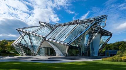 Obraz premium Futuristic Building With Metal Frame Transparent Glass Panels Geometric Roof Design and Abstract Construction Elements