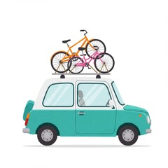 Teal Vintage Car with Bikes on Roof Rack