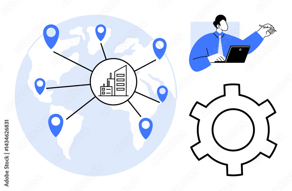 Poster world map with location markers connecting to a central business hub, a professional analyzing data 
