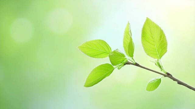 Budding twig with fresh, green leaves against a bokeh background with dappled light