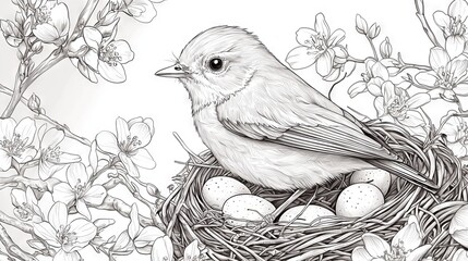 Detailed Bird Nest Coloring Page with Flowers and Eggs