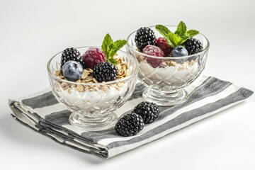 Two glass bowls filled with yogurt, granola, blueberries, raspberries, and blackberries, garnished with fresh mint leaves, sitting on a striped napkin