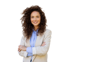 Portrait of a confident businesswoman smiling with crossed arms, on a transparent background, ready to be used in any project