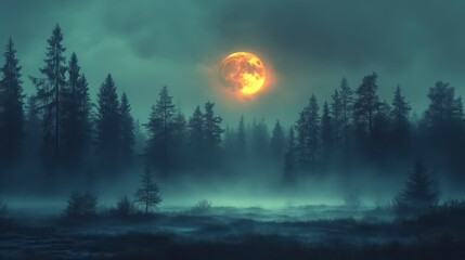 Fototapeta premium Enchanting Night Forest with Glowing Full Moon Mystical Landscape Atmospheric Scene Nature P