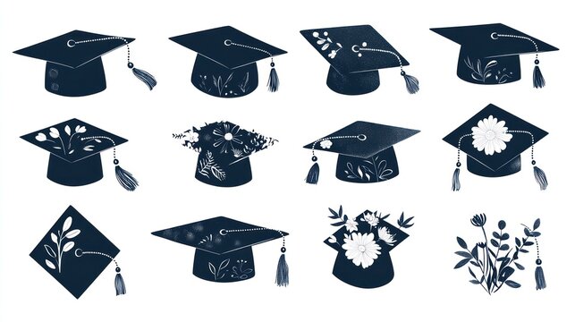 Graduation caps decorated with flowers, on display for university commencement designs