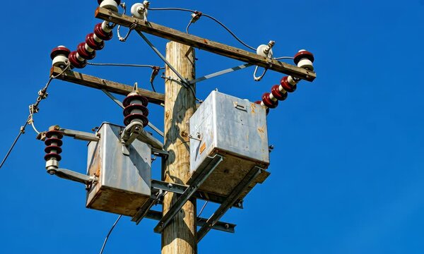 Power distribution pole with transformers and insulators against clear blue sky