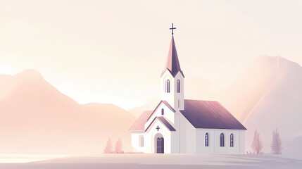 White church with tall spires and a cross, set against a soft, pale background, conveying serenity and faith. Pale Spire. Illustration