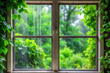 Rainy Day View Through a Window with Flowers
