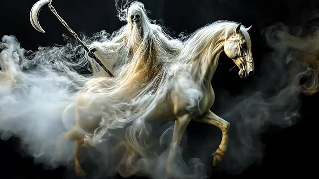 Grim reaper on a pale horse shrouded in white smoke. Ethereal and spooky, conveying a sense of impending doom