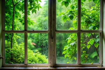 Rainy Day View Through a Window with Flowers
