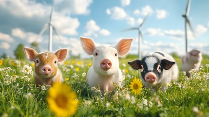 Four adorable piglets frolic in a vibrant meadow of wildflowers, their playful energy complementing the serene backdrop of wind turbines. Future Farming Background.