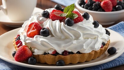Delicious cream pie with strawberries and blueberries, a gourmet dessert