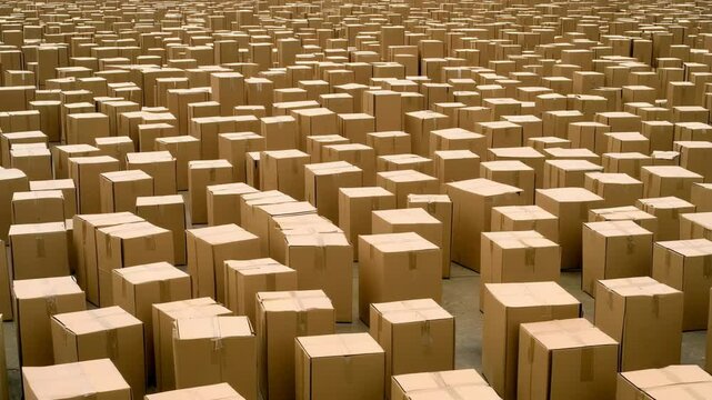 Many stacked cardboard boxes fill a large space, creating a sense of storage, shipping or logistics. Uniform in color
