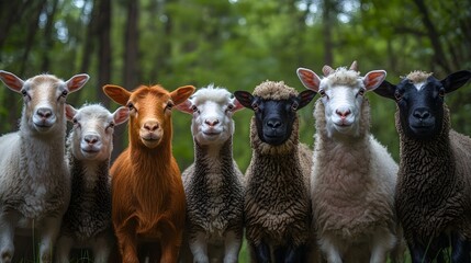Obraz premium A colorful lineup of diverse sheep breeds stands against a soft, green forest backdrop. Their various wool textures and hues create a charming pastoral scene. Future Farming Background