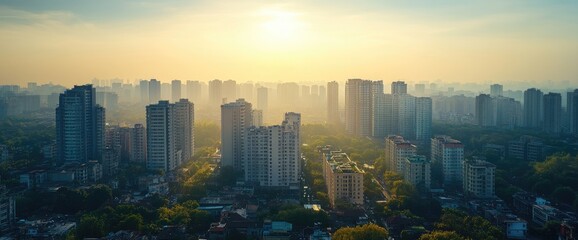 Fototapeta premium Dense urban cityscape at sunrise aerial view modern architecture