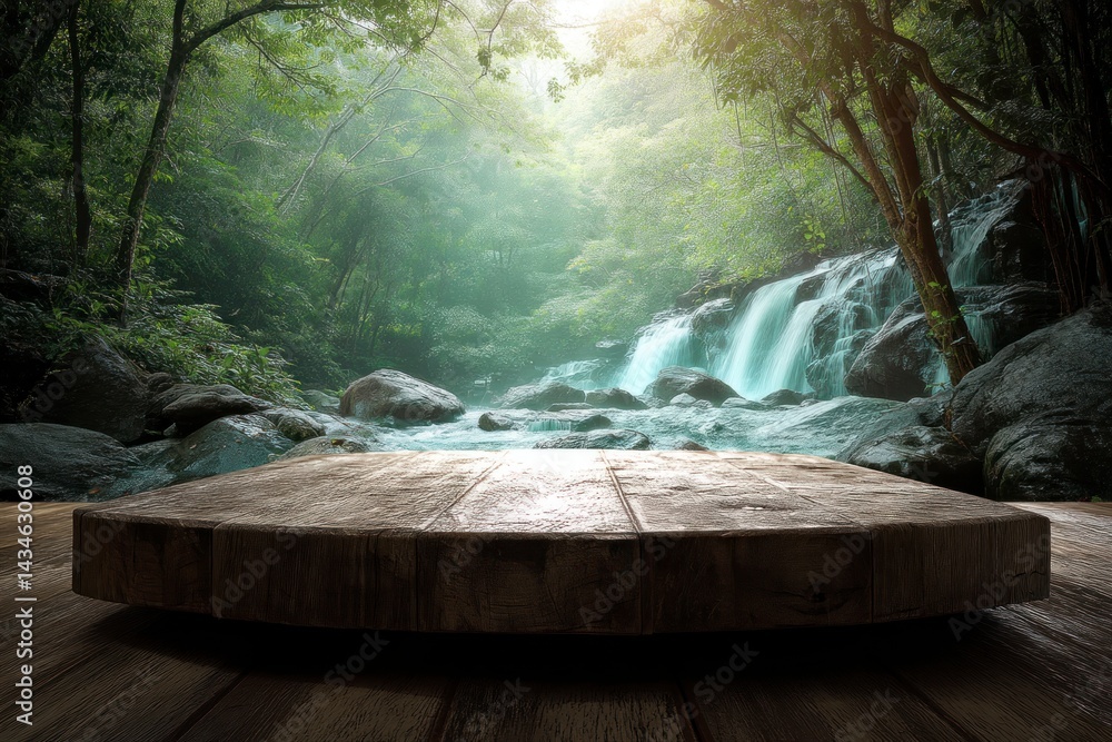 Poster wooden platform with waterfall backdrop in lush forest environment for display