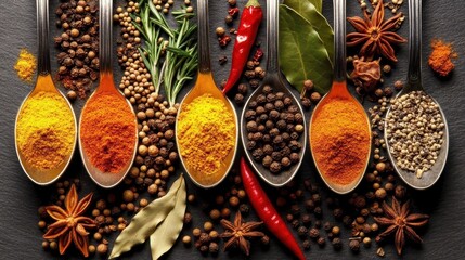 Colorful spices arranged in spoons on a dark surface.