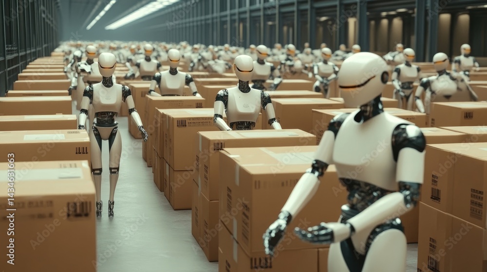 Poster ai-driven robots working in unison across a spacious and well-lit factory hall