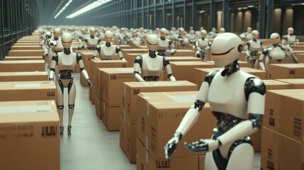 Obraz premium AI-driven robots working in unison across a spacious and well-lit factory hall