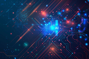 Abstract background with a circuit board and glowing elements of artificial intelligence, with the text "AI" in the center on a dark blue backdrop