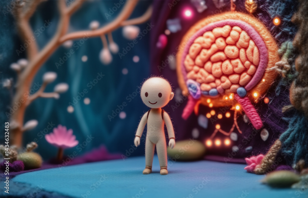Poster a doll stands before a brain-like structure, framed by an unusual floral environment. hints of glowi