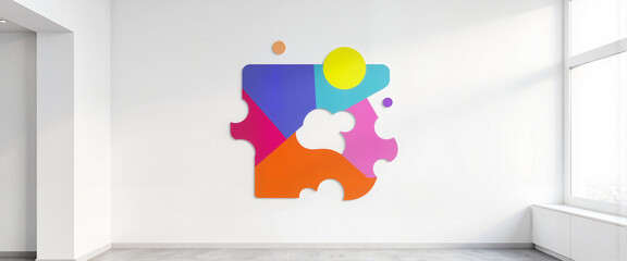 Vibrant geometric abstract shape on white wall, minimalist design
