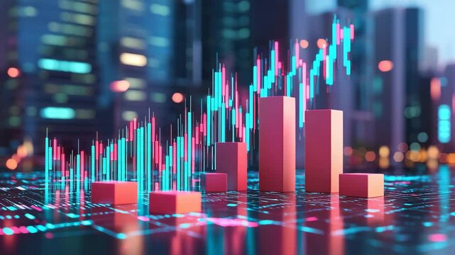 Upward-trending chart in a futuristic cityscape. Red columns & blue/red line chart reflect on a digital surface. Buildings blurred behind
