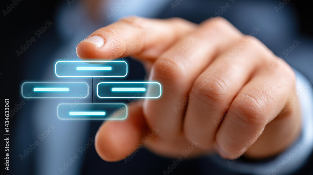 Poster a businessman interacts with a workflow automation system, showcasing the hierarchy of departments i