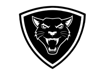 Fototapeta premium Symbol of Strength: A fierce panther head, meticulously illustrated within a bold, geometric shield, captures the essence of power and agility in monochromatic elegance.