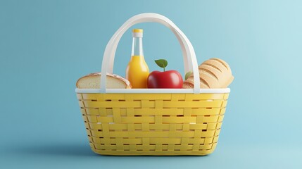 Yellow Picnic Basket Summertime Delightful Food Bread Apple Juice Healthy Snack Outdoor Fun Fresh Ingredients Summertime Treats Bright Colors         