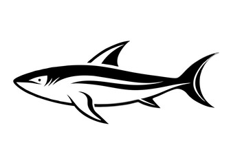 Fototapeta premium Silhouette Shark: A sleek, stylized illustration captures the essence of a shark. The streamlined design, with its dark contours and piercing eye, evokes the power and grace of the ocean predator.