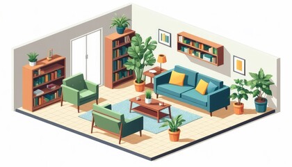 Naklejka premium Modern living room interior design illustration shows a home with furniture in an urban residential apartment