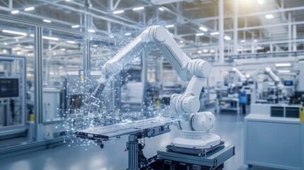 Digital network overlay illustrating interconnectivity of robots, sensors, and cloud systems, no people