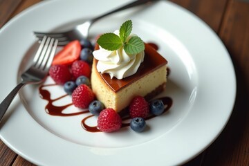 Aerial shot of a dessert plating scene, a slice of cake, a fork, fresh berries, and a drizzle of chocolate on a white plate