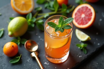 Fototapeta premium Top-down composition of a cocktail garnish prep, fresh mint, citrus slices, a muddler, and a glass on a sleek bar counter