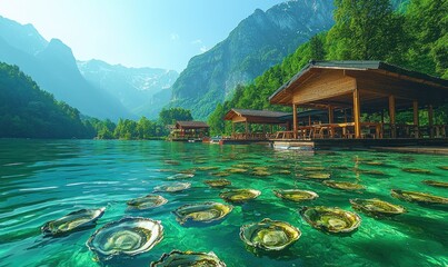 Naklejka premium Calm lake with wooden houses, clear water, and lily pads. Majestic mountains in background