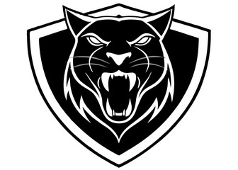 Obraz premium Majestic Panther Emblem: A striking emblem featuring a powerful panther head, roaring with intensity, set against a shield in a simple monochrome design, representing strength, and fierce character.