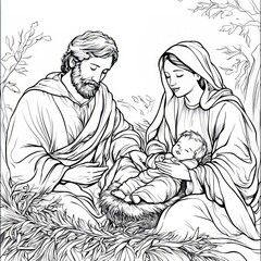 Fototapeta premium Detailed Black and White Coloring Page of Nativity Scene
