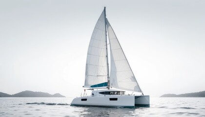 Fototapeta premium A white sailboat and a sleek yacht sail gracefully on the vast ocean under the summer sky, while another sailboat enjoys a peaceful cruise on the calm sea.