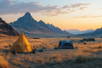 Scenic mountain camping adventure showcasing two tents at sunrise with landscape