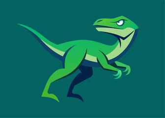 Fototapeta premium Jurassic Green: A bold, vibrant graphic illustration of a single, sleek Velociraptor against a deep teal backdrop, symbolizing prehistoric power and primal nature.