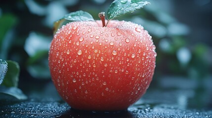 Closeup Of A Red Apple Covered In Water Droplets On A Dark Background